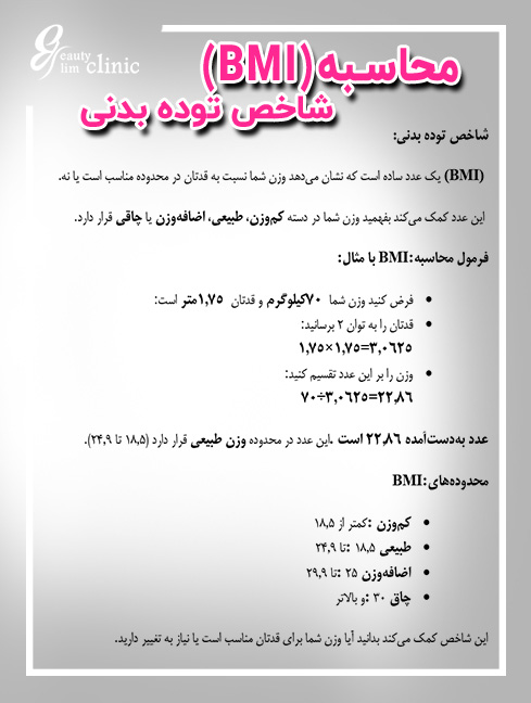 شاخص توده بدنی (BMI) یک ابزار ساده برای ارزیابی تناسب وزن به قد است. برای محاسبه BMI، کافیست وزن خود را بر قدتان به توان دو تقسیم کنید. این شاخص کمک می‌کند تا بدانید آیا وزن شما در محدوده سالم قرار دارد یا نیاز به تغییر دارد. برای اطلاعات بیشتر و نحوه محاسبه دقیق BMI، همین حالا مطالعه کنید."
فرمول محاسبه BMI:
𝐵
𝑀
𝐼
=
وزن (کیلوگرم)
قد (متر)
2
BMI= 
قد (متر) 
2
 
وزن (کیلوگرم)
​
 
محدوده‌های BMI:
کم‌وزن: کمتر از 18.5
طبیعی: 18.5 تا 24.9
اضافه‌وزن: 25 تا 29.9
چاقی: 30 و بیشتر
مثال: اگر وزن شما 70 کیلوگرم و قدتان 1.75 متر باشد، فرمول به این صورت خواهد بود:
70
1.75
×
1.75
=
22.86
1.75×1.75
70
​
 =22.86
این عدد نشان می‌دهد که شما در محدوده وزن طبیعی قرار دارید.

اگر به توضیحات بیشتری نیاز دارید، خوشحال می‌شوم که کمک کنم!