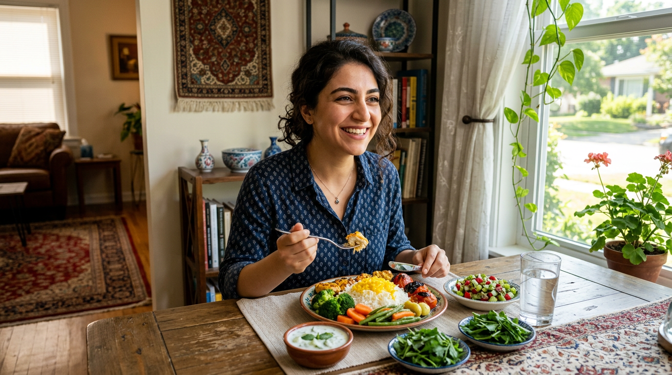 چطور چاق بشم - فرد ایرانی در حال خوردن غذای سالم و لبخند زدن