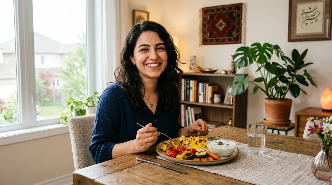 برای چاق شدن چی بخوریم - میز غذای ایرانی با برنج، گوشت، آجیل و تخممرغ