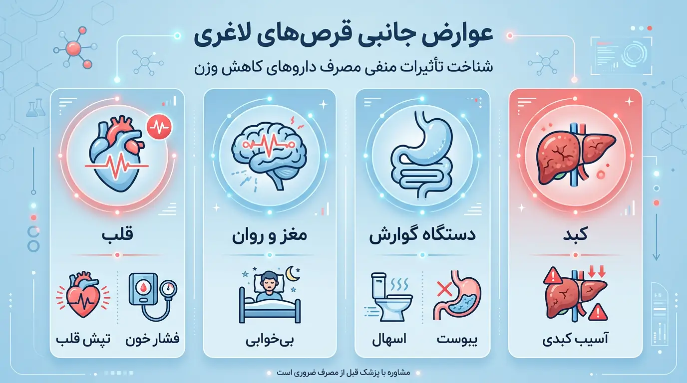 اینفوگرافیک عوارض بهترین قرص لاغری موجود در داروخانه و محصولات ناشناس