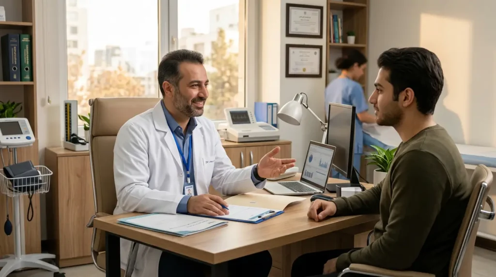 مشاوره پزشک با بیمار مرد درباره مراقبت بعد از بوتاکس معده و پرهیز از قلیان