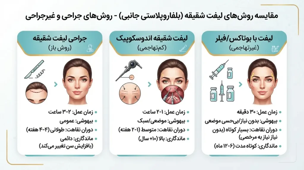 اینفوگرافیک مقایسه روشهای لیفت شقیقه؛ جراحی کلاسیک، اندوسکوپیک و غیرجراحی