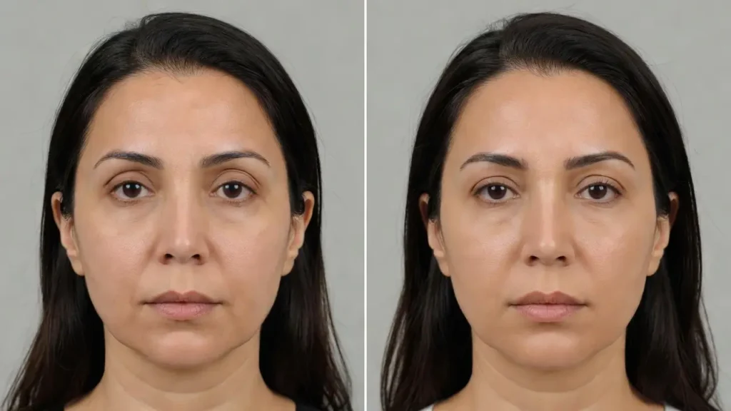 نمای نزدیک قبل و بعد لیفت شقیقه با نتیجه طبیعی؛ گوشه ابرو بالاتر و نگاه بازتر