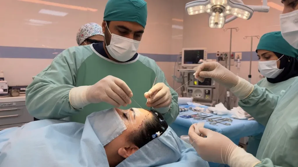 مراحل جراحی لیفت شقیقه با برش کوچک در خط مو و بخیه ظریف