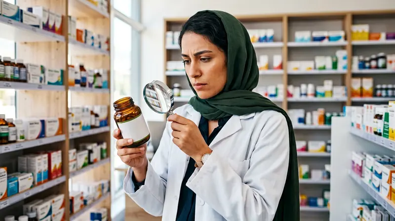 بررسی ترکیبات قرص اسلیو معده گیاهی؛ زن ایرانی در حال خواندن برچسب مکمل با ذره‌بین