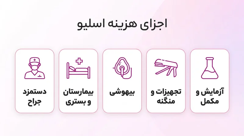اینفوگرافیک اجزای هزینه عمل اسلیو معده شامل دستمزد جراح، بیمارستان و بستری، بیهوشی، تجهیزات و منگنه و آزمایش و مکمل