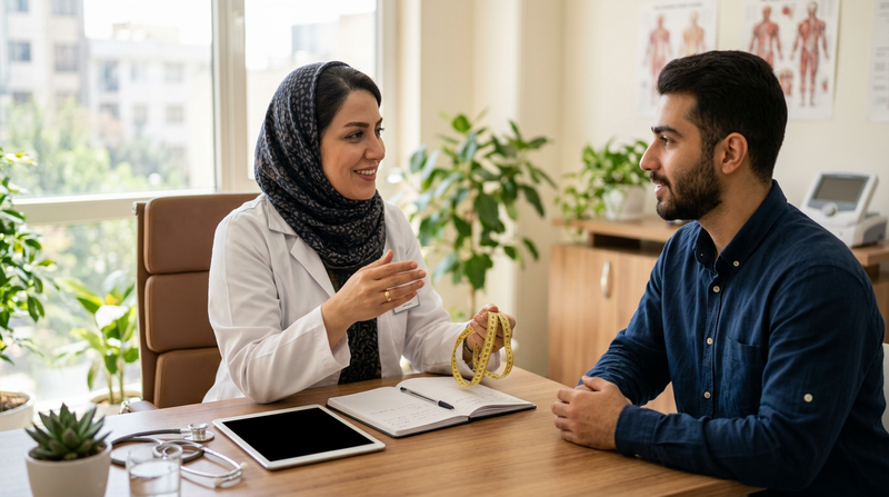 مشاوره تخصصی تغذیه و بررسی پزشکی پیش از شروع برنامه افزایش حجم پایین تنه