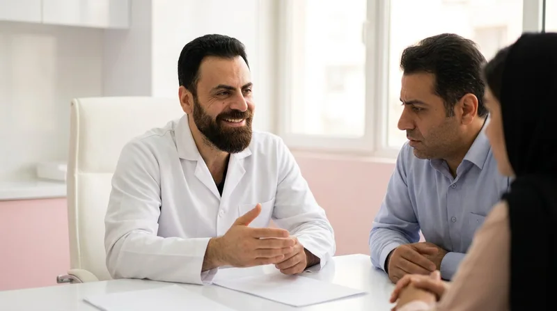 دکتر ماهر کردی در حال مشاوره هزینه عمل اسلیو معده با زوج بیمار در کلینیک اسلیم بیوتی